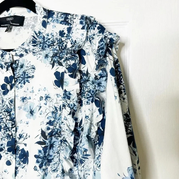 ERDEM X UNIVERSAL STANDARD Size M Kalina Short Sleeve Blue Floral Ruffle Top - Picture 4 of 9